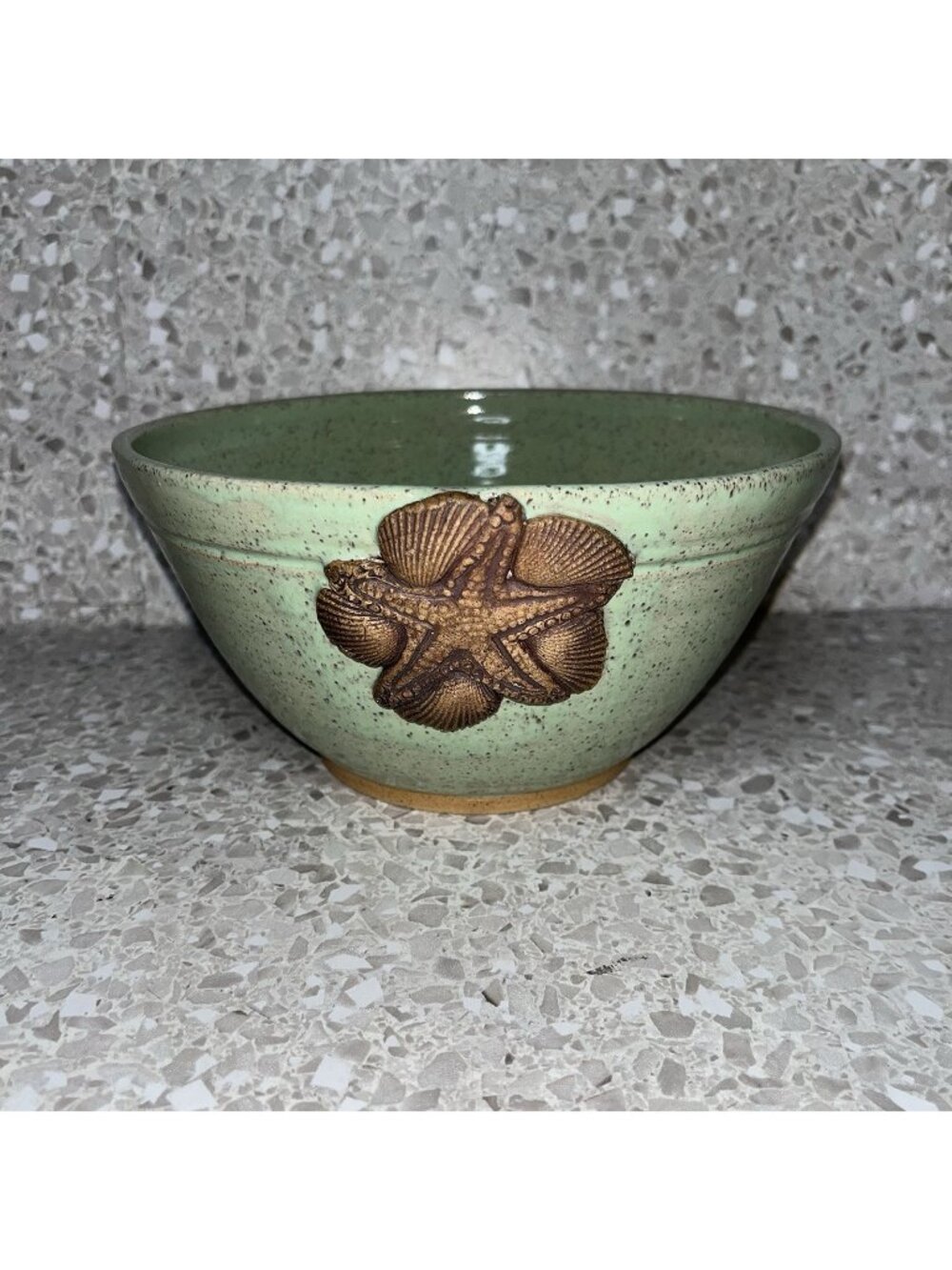 Ceramic Bowl Handmade Light Green Speckled Glaze Decorative Brown Seashell Appli